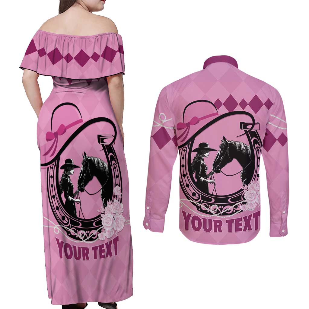 Personalized Kentucky Horse Racing Couples Matching Off Shoulder Maxi Dress and Long Sleeve Button Shirt Beauty and The Horse Pink Version LT01