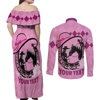 Personalized Kentucky Horse Racing Couples Matching Off Shoulder Maxi Dress and Long Sleeve Button Shirt Beauty and The Horse Pink Version LT01