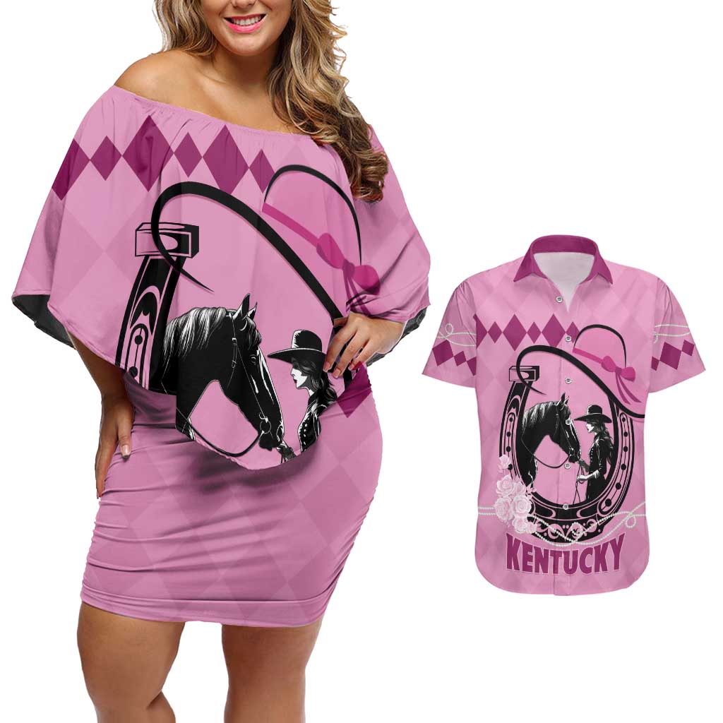Personalized Kentucky Horse Racing Couples Matching Off Shoulder Short Dress and Hawaiian Shirt Beauty and The Horse Pink Version LT01