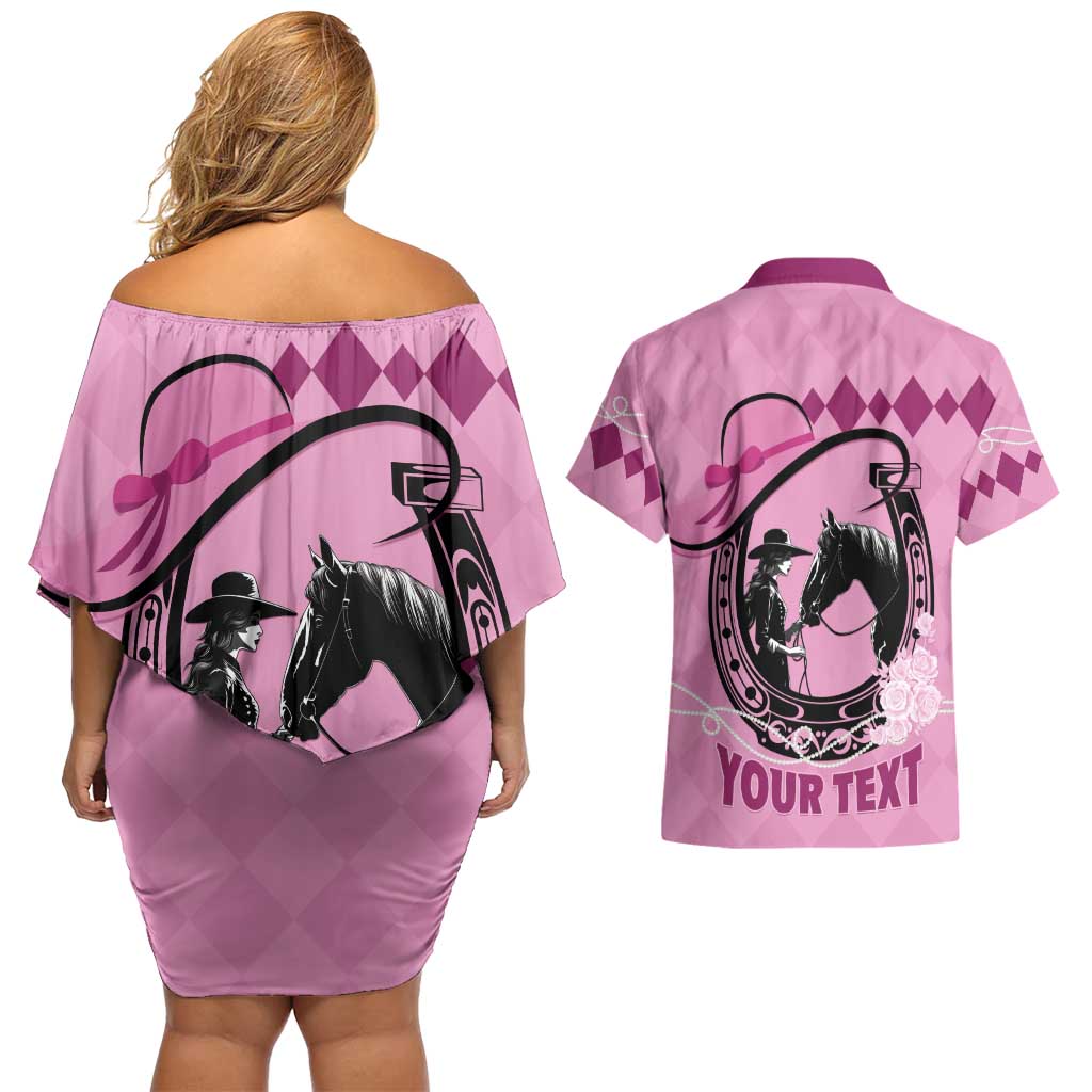 Personalized Kentucky Horse Racing Couples Matching Off Shoulder Short Dress and Hawaiian Shirt Beauty and The Horse Pink Version LT01