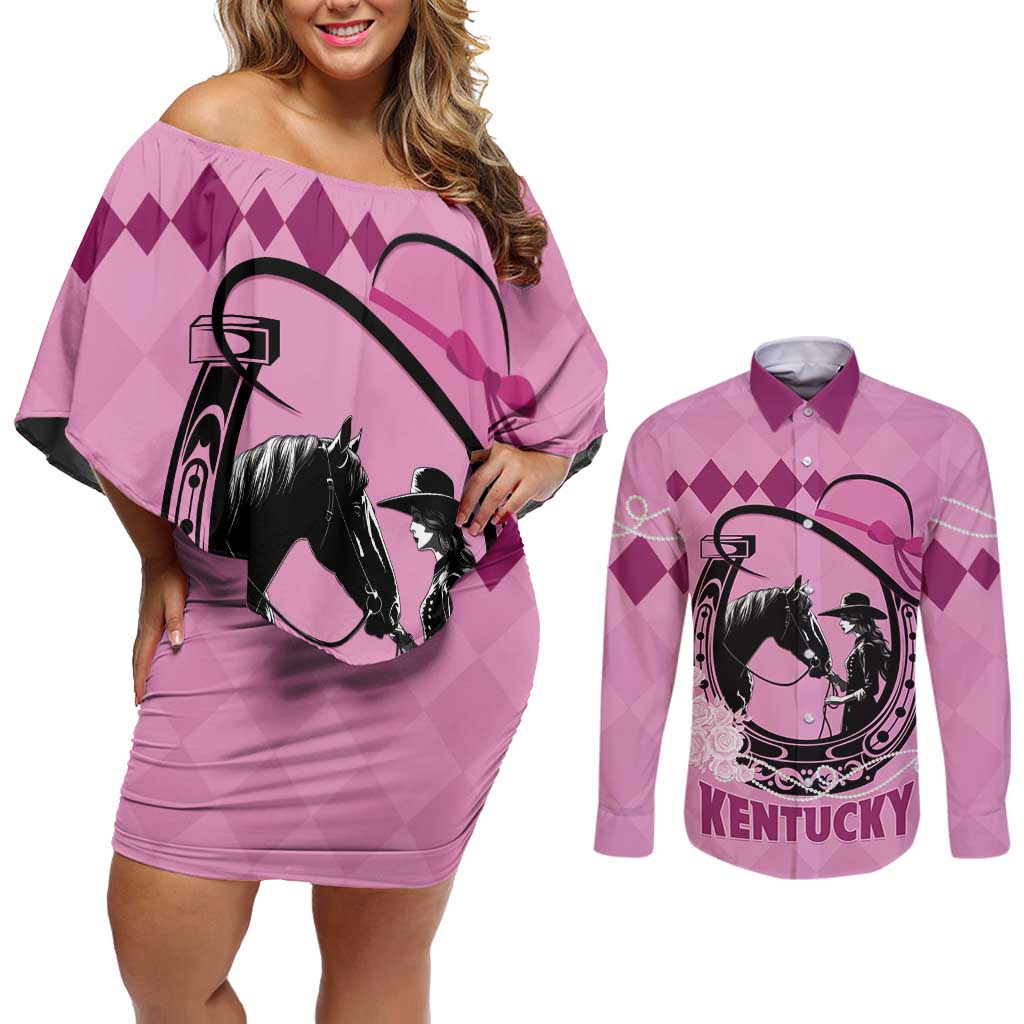 Personalized Kentucky Horse Racing Couples Matching Off Shoulder Short Dress and Long Sleeve Button Shirt Beauty and The Horse Pink Version LT01