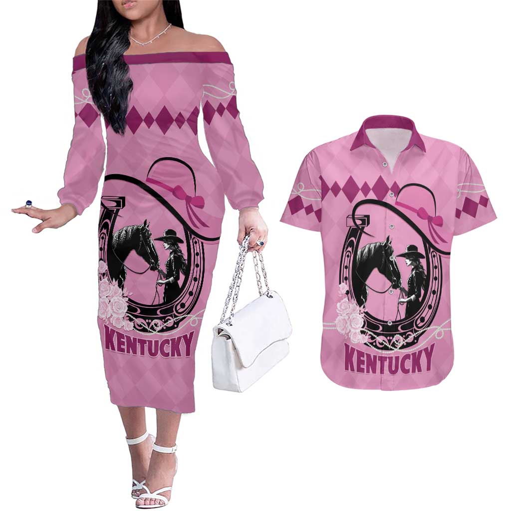 Personalized Kentucky Horse Racing Couples Matching Off The Shoulder Long Sleeve Dress and Hawaiian Shirt Beauty and The Horse Pink Version LT01