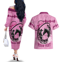Personalized Kentucky Horse Racing Couples Matching Off The Shoulder Long Sleeve Dress and Hawaiian Shirt Beauty and The Horse Pink Version LT01