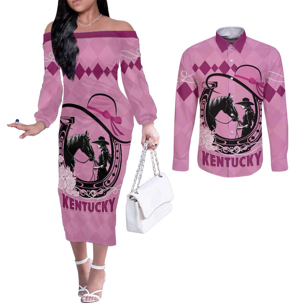 Personalized Kentucky Horse Racing Couples Matching Off The Shoulder Long Sleeve Dress and Long Sleeve Button Shirt Beauty and The Horse Pink Version LT01