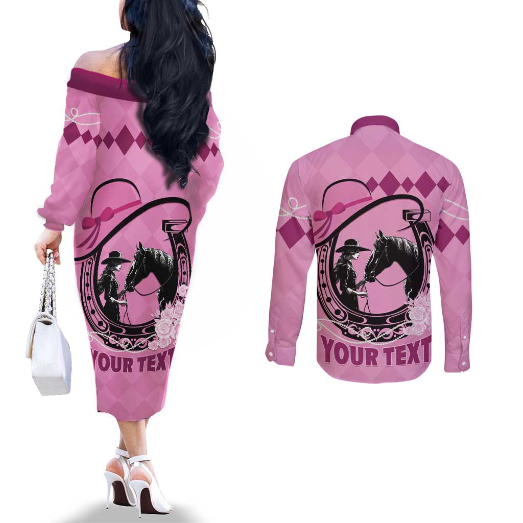 Personalized Kentucky Horse Racing Couples Matching Off The Shoulder Long Sleeve Dress and Long Sleeve Button Shirt Beauty and The Horse Pink Version LT01