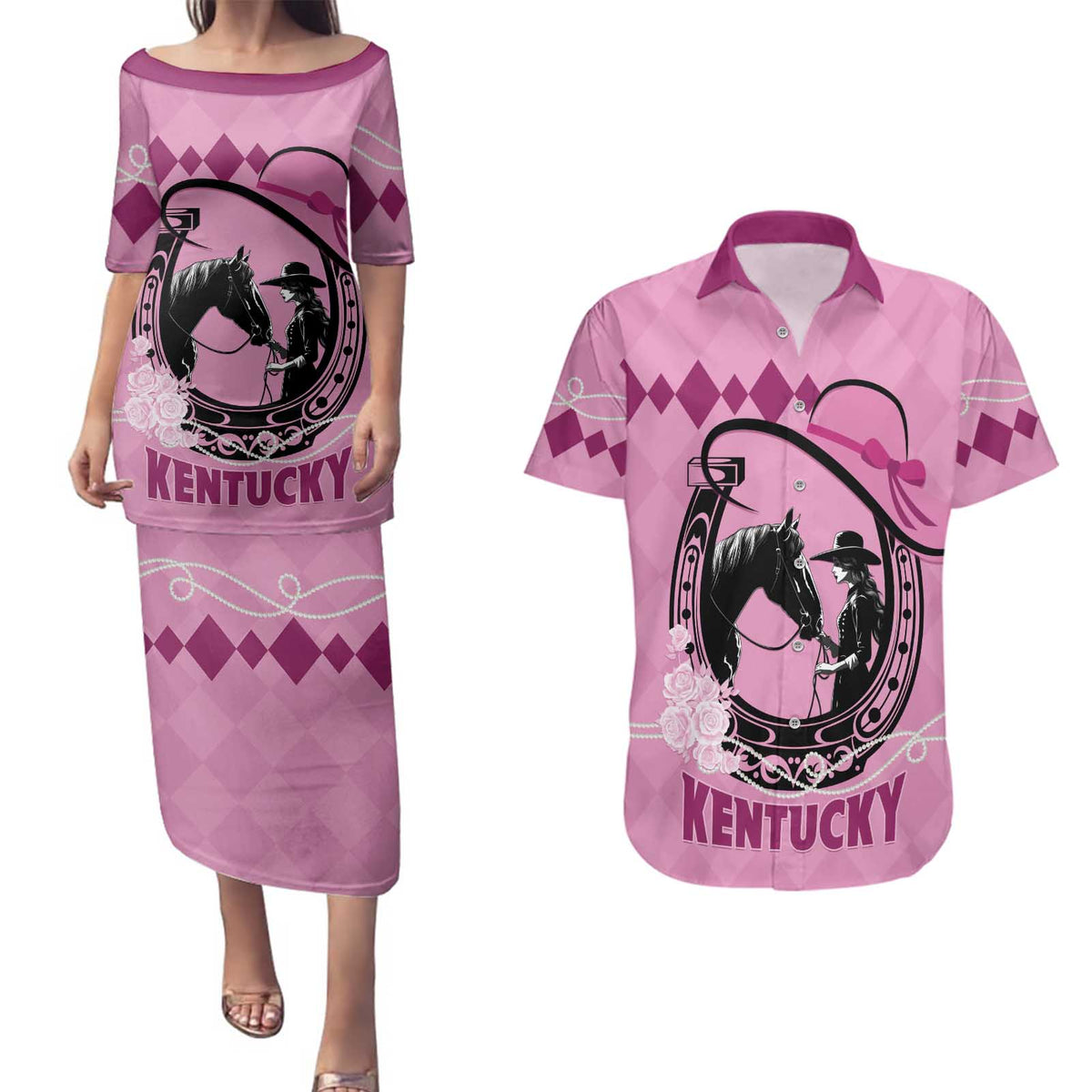 Personalized Kentucky Horse Racing Couples Matching Puletasi and Hawaiian Shirt Beauty and The Horse Pink Version LT01