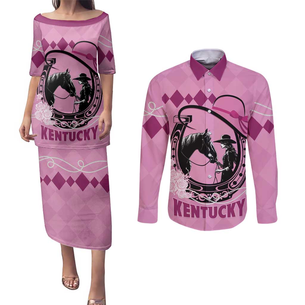 Personalized Kentucky Horse Racing Couples Matching Puletasi and Long Sleeve Button Shirt Beauty and The Horse Pink Version LT01