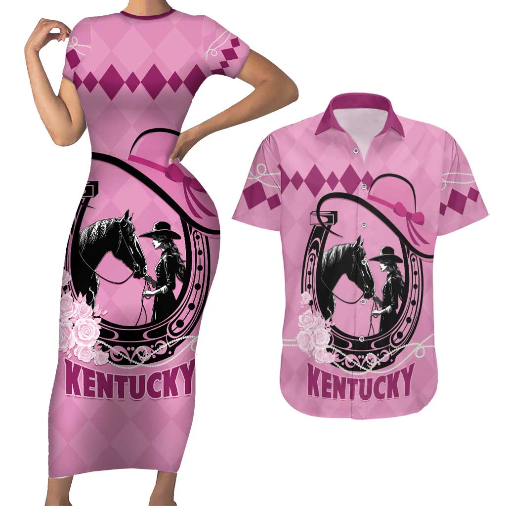 Personalized Kentucky Horse Racing Couples Matching Short Sleeve Bodycon Dress and Hawaiian Shirt Beauty and The Horse Pink Version LT01