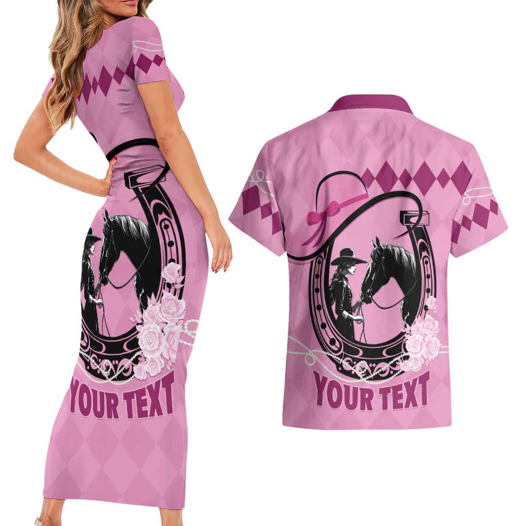 Personalized Kentucky Horse Racing Couples Matching Short Sleeve Bodycon Dress and Hawaiian Shirt Beauty and The Horse Pink Version LT01