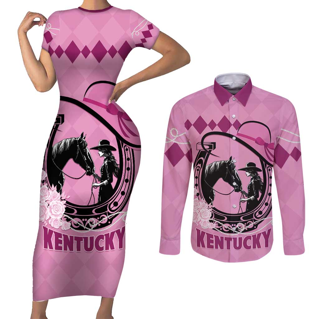 Personalized Kentucky Horse Racing Couples Matching Short Sleeve Bodycon Dress and Long Sleeve Button Shirt Beauty and The Horse Pink Version LT01