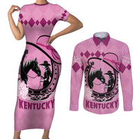 Personalized Kentucky Horse Racing Couples Matching Short Sleeve Bodycon Dress and Long Sleeve Button Shirt Beauty and The Horse Pink Version LT01