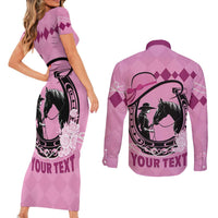 Personalized Kentucky Horse Racing Couples Matching Short Sleeve Bodycon Dress and Long Sleeve Button Shirt Beauty and The Horse Pink Version LT01