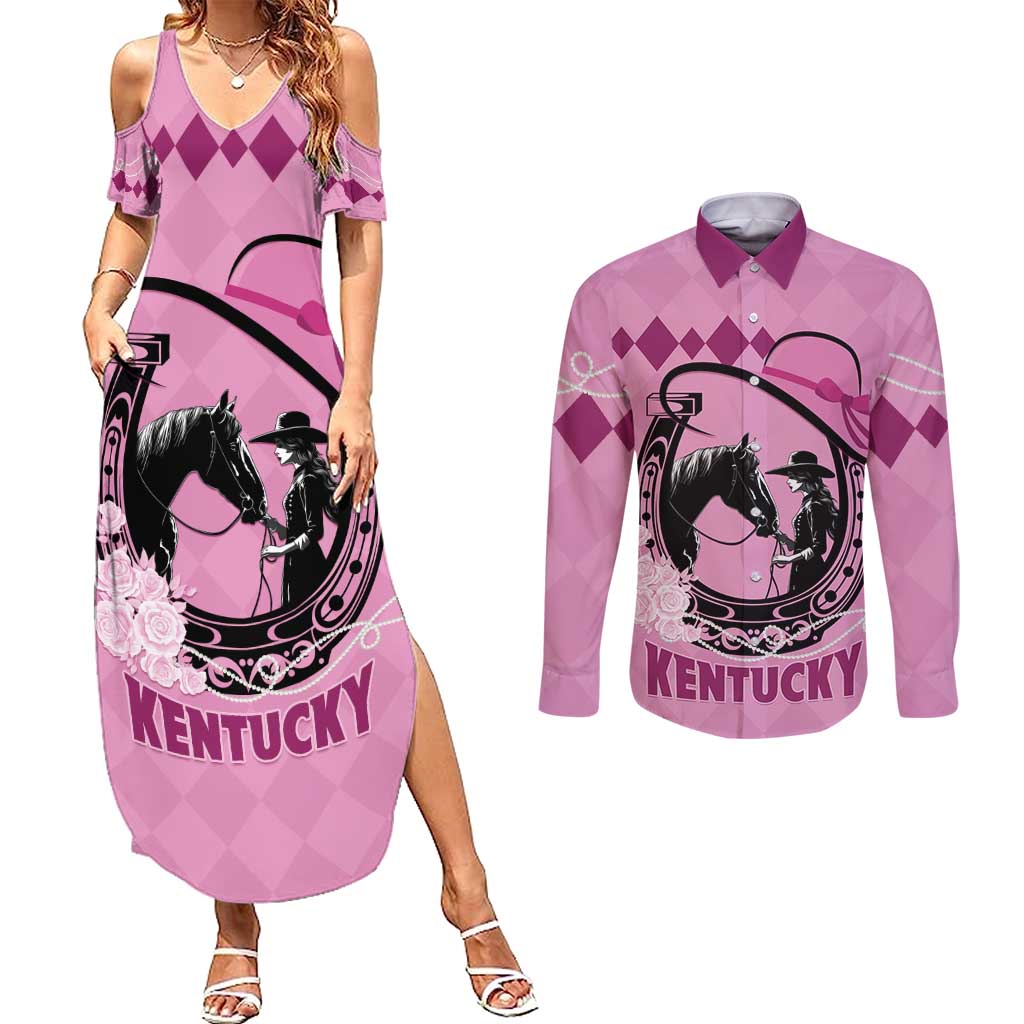 Personalized Kentucky Horse Racing Couples Matching Summer Maxi Dress and Long Sleeve Button Shirt Beauty and The Horse Pink Version LT01