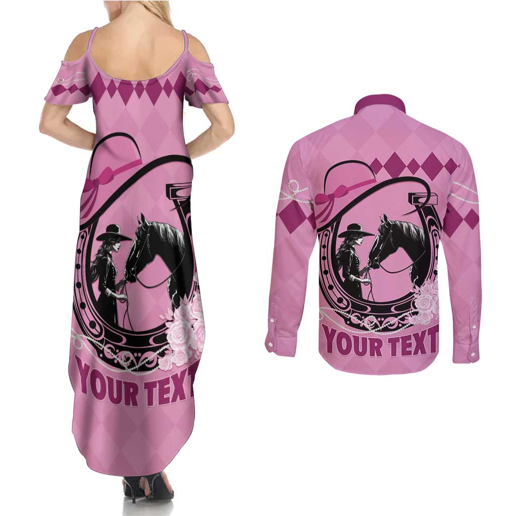 Personalized Kentucky Horse Racing Couples Matching Summer Maxi Dress and Long Sleeve Button Shirt Beauty and The Horse Pink Version LT01