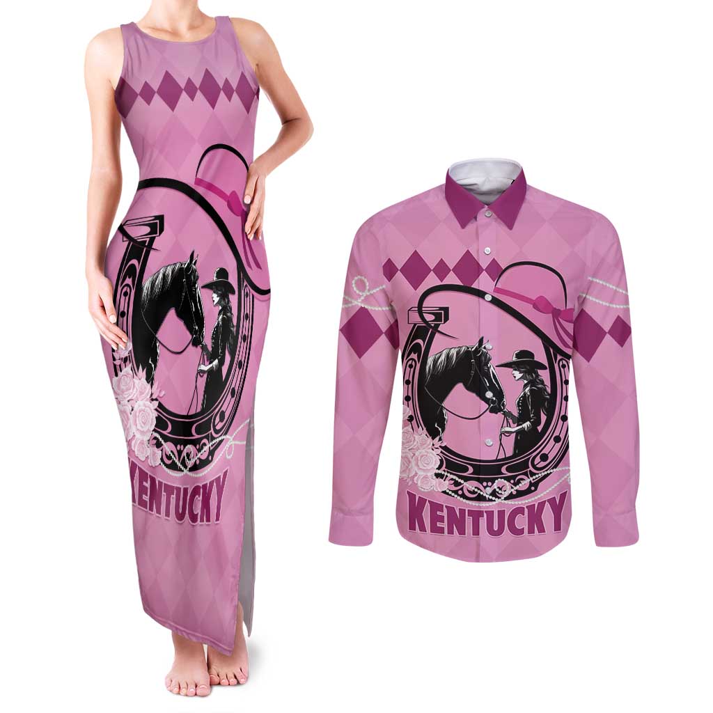 Personalized Kentucky Horse Racing Couples Matching Tank Maxi Dress and Long Sleeve Button Shirt Beauty and The Horse Pink Version LT01