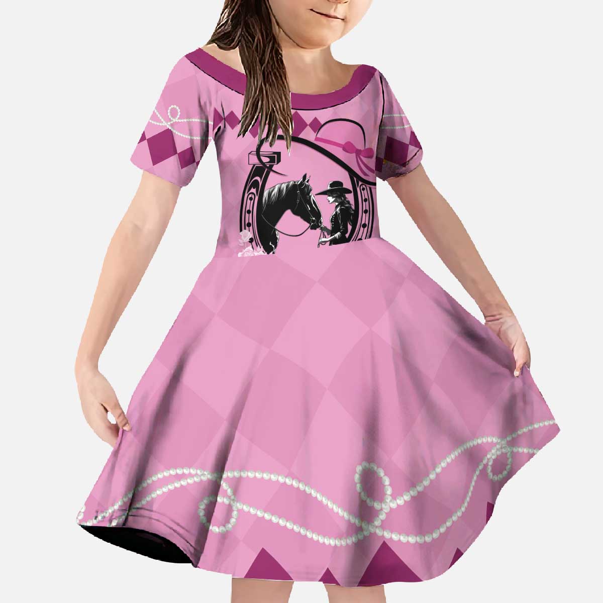 Personalized Kentucky Horse Racing Family Matching Off The Shoulder Long Sleeve Dress and Hawaiian Shirt Beauty and The Horse Pink Version LT01
