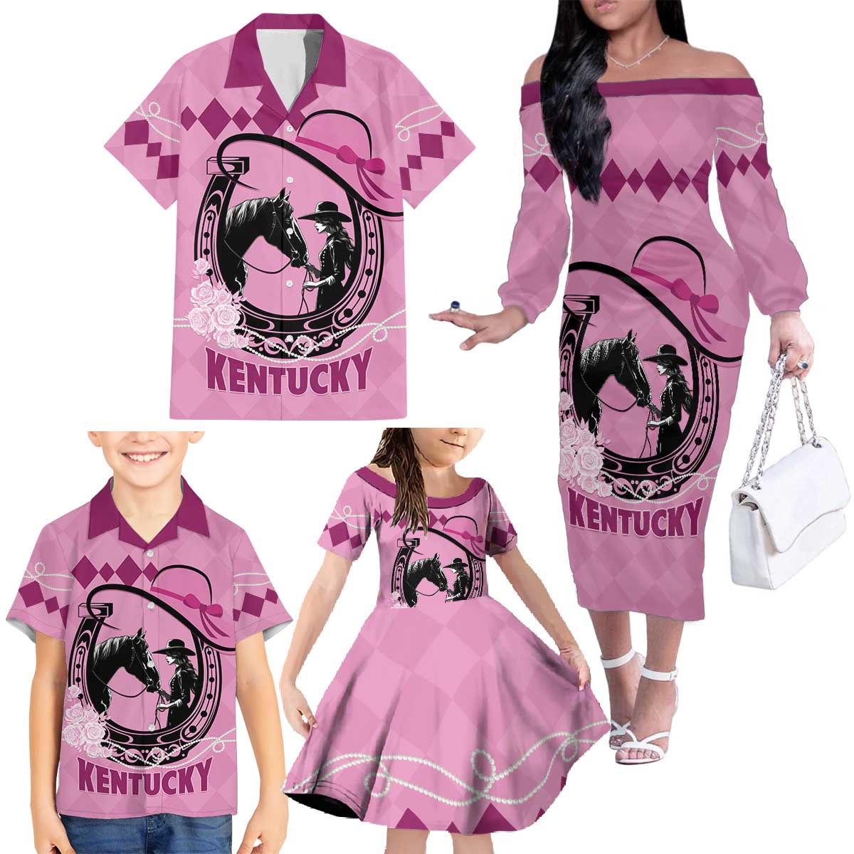 Personalized Kentucky Horse Racing Family Matching Off The Shoulder Long Sleeve Dress and Hawaiian Shirt Beauty and The Horse Pink Version LT01