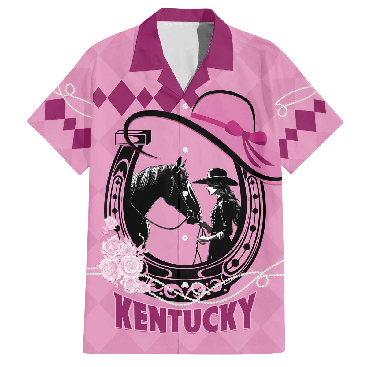 Personalized Kentucky Horse Racing Family Matching Off The Shoulder Long Sleeve Dress and Hawaiian Shirt Beauty and The Horse Pink Version LT01
