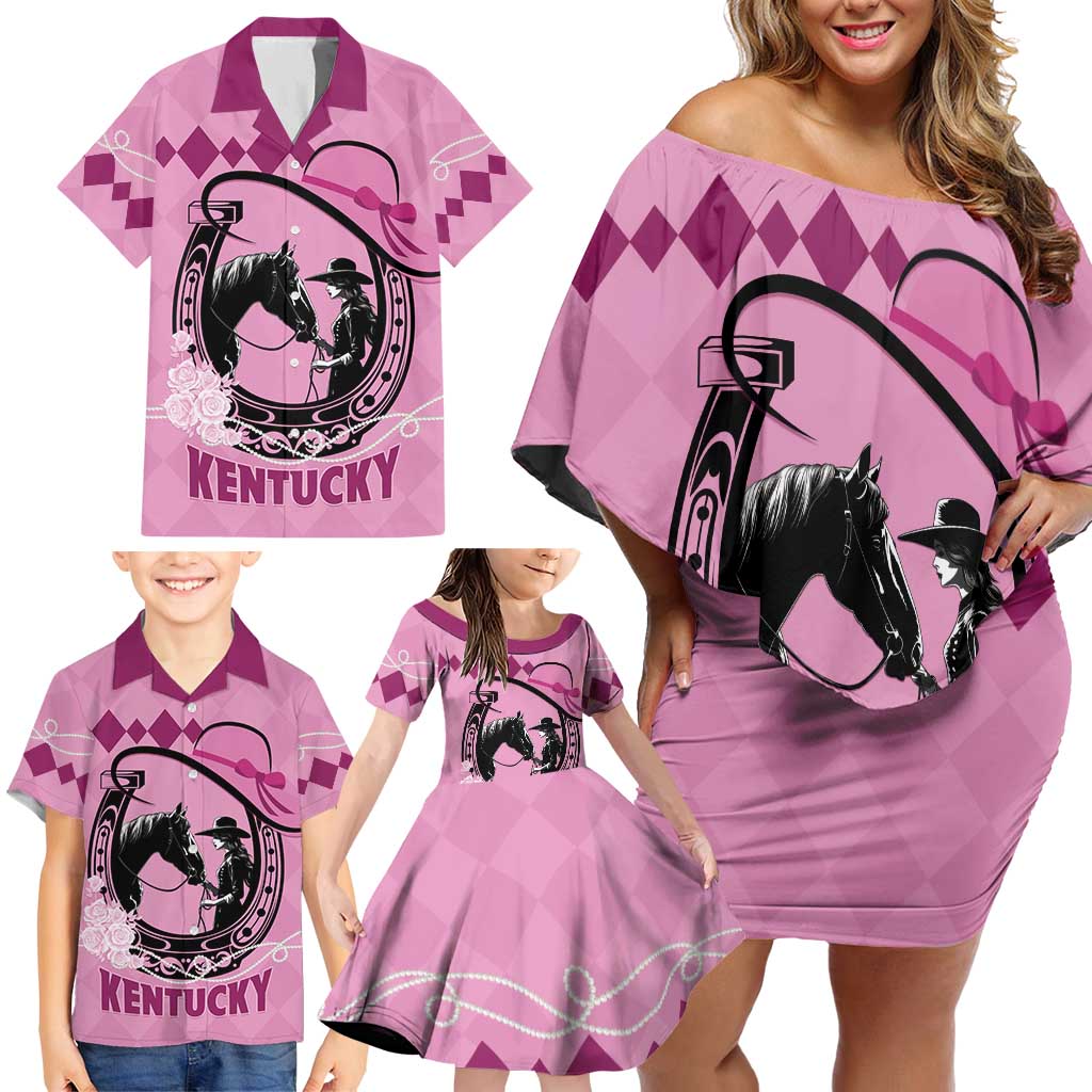 Personalized Kentucky Horse Racing Family Matching Off Shoulder Short Dress and Hawaiian Shirt Beauty and The Horse Pink Version LT01