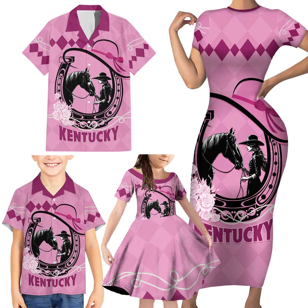 Personalized Kentucky Horse Racing Family Matching Short Sleeve Bodycon Dress and Hawaiian Shirt Beauty and The Horse Pink Version LT01