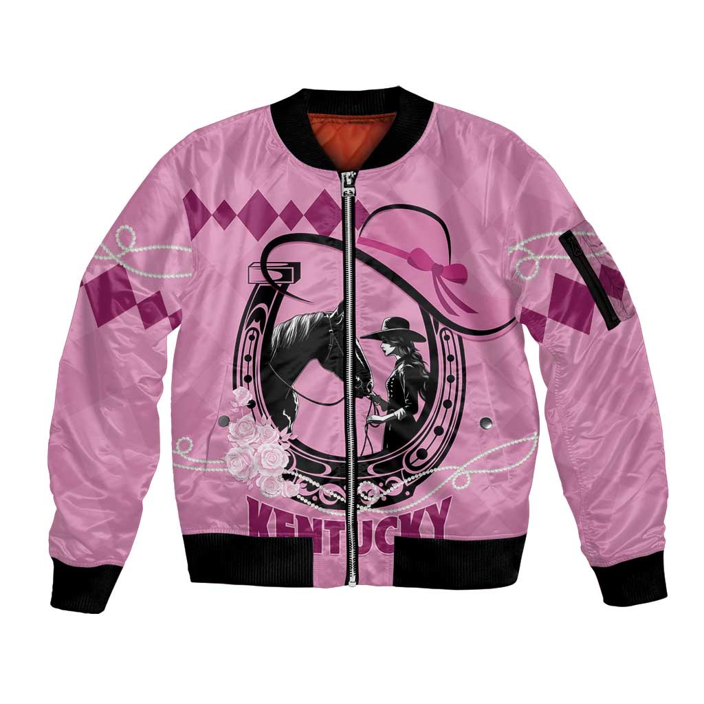 Personalized Kentucky Horse Racing Sleeve Zip Bomber Jacket Beauty and The Horse Pink Version LT01