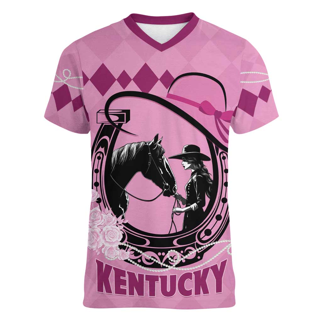 Personalized Kentucky Horse Racing Women V-Neck T-Shirt Beauty and The Horse Pink Version LT01