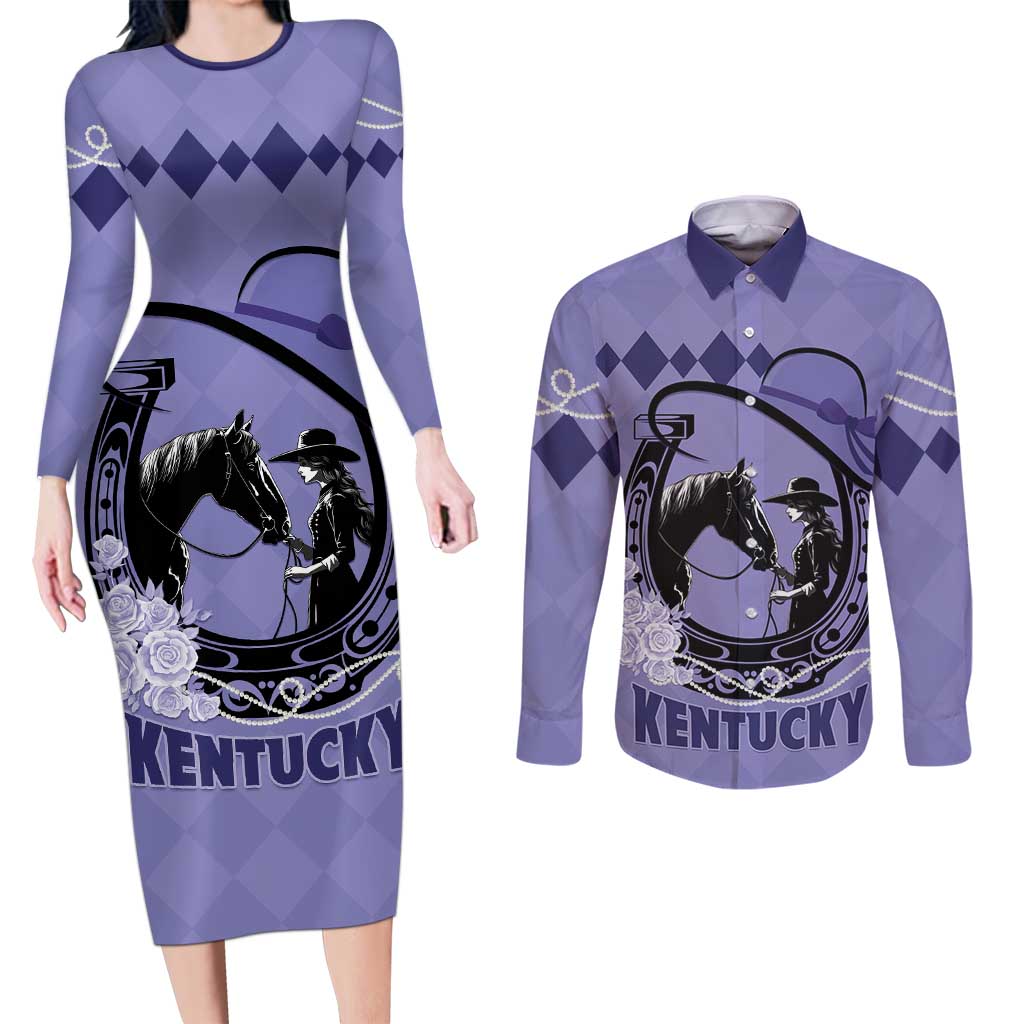 Personalized Kentucky Horse Racing Couples Matching Long Sleeve Bodycon Dress and Long Sleeve Button Shirt Beauty and The Horse Purple Version LT01