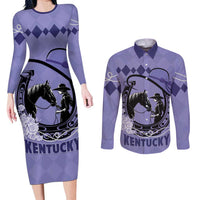 Personalized Kentucky Horse Racing Couples Matching Long Sleeve Bodycon Dress and Long Sleeve Button Shirt Beauty and The Horse Purple Version LT01