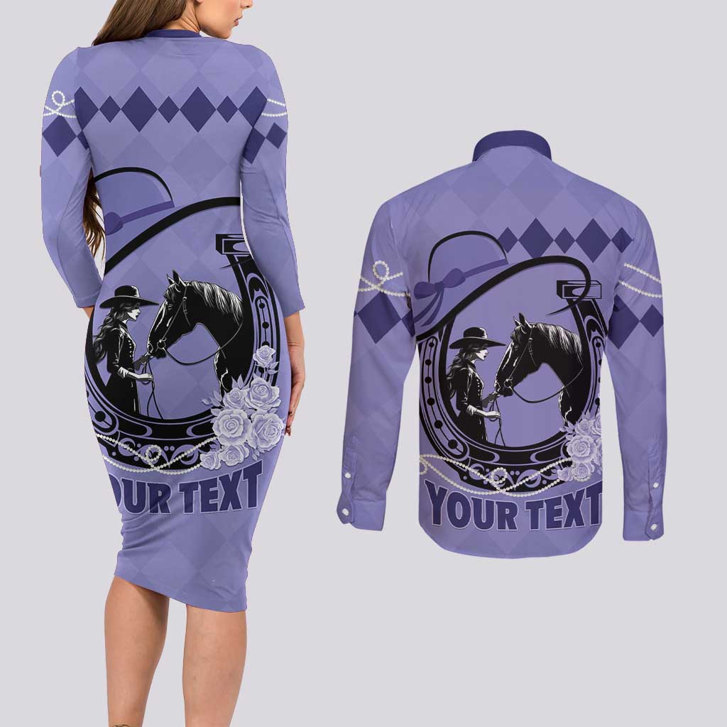 Personalized Kentucky Horse Racing Couples Matching Long Sleeve Bodycon Dress and Long Sleeve Button Shirt Beauty and The Horse Purple Version LT01