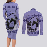 Personalized Kentucky Horse Racing Couples Matching Long Sleeve Bodycon Dress and Long Sleeve Button Shirt Beauty and The Horse Purple Version LT01