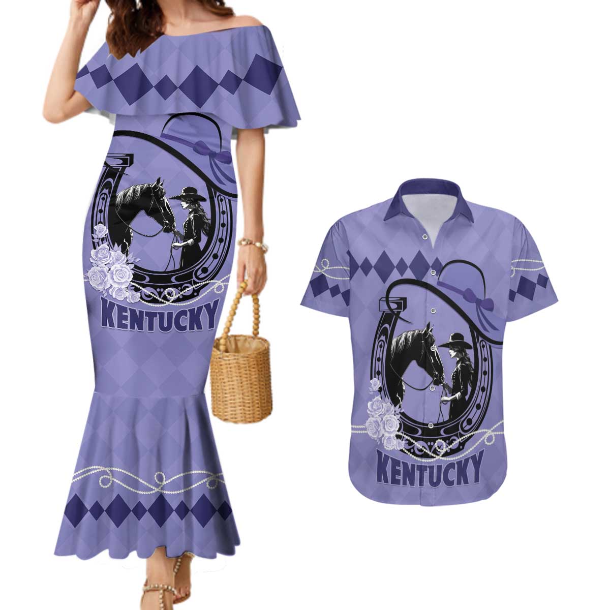 Personalized Kentucky Horse Racing Couples Matching Mermaid Dress and Hawaiian Shirt Beauty and The Horse Purple Version LT01