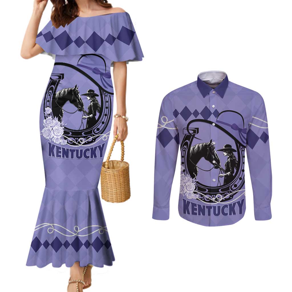 Personalized Kentucky Horse Racing Couples Matching Mermaid Dress and Long Sleeve Button Shirt Beauty and The Horse Purple Version LT01
