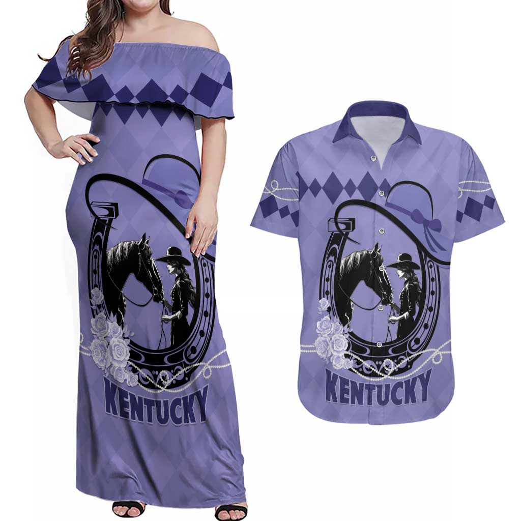 Personalized Kentucky Horse Racing Couples Matching Off Shoulder Maxi Dress and Hawaiian Shirt Beauty and The Horse Purple Version LT01
