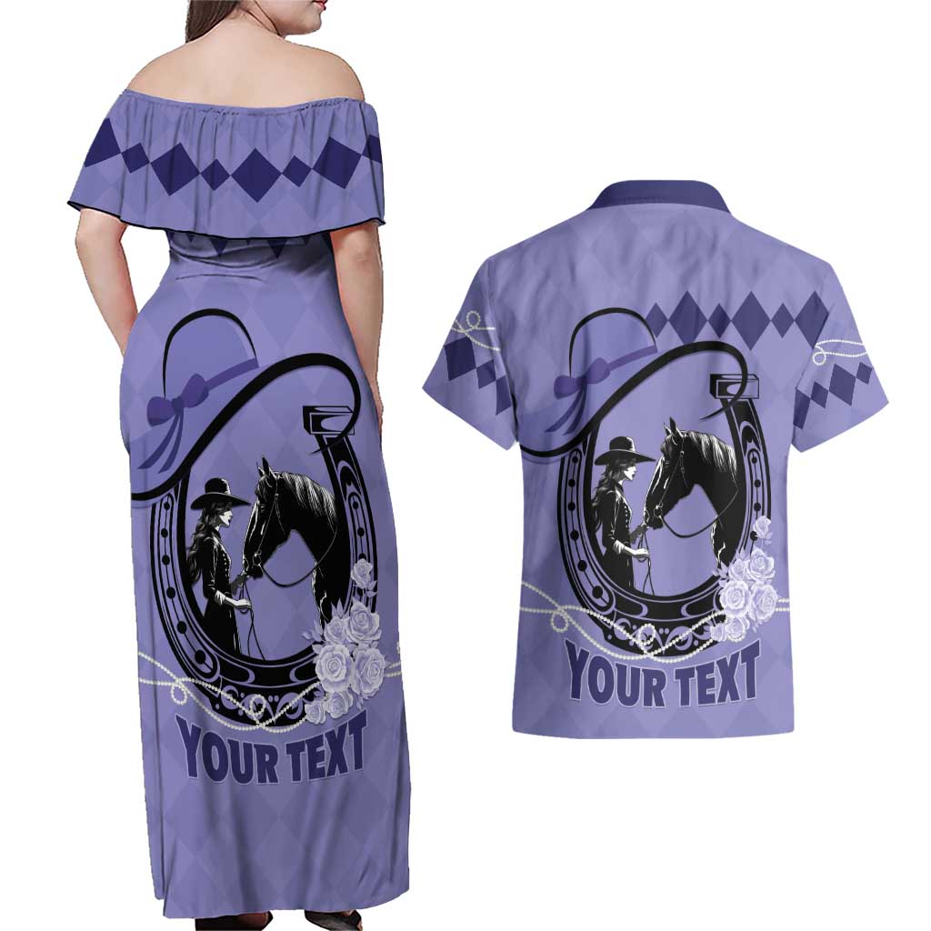 Personalized Kentucky Horse Racing Couples Matching Off Shoulder Maxi Dress and Hawaiian Shirt Beauty and The Horse Purple Version LT01