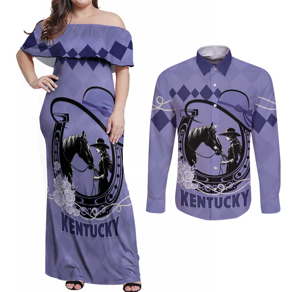 Personalized Kentucky Horse Racing Couples Matching Off Shoulder Maxi Dress and Long Sleeve Button Shirt Beauty and The Horse Purple Version LT01