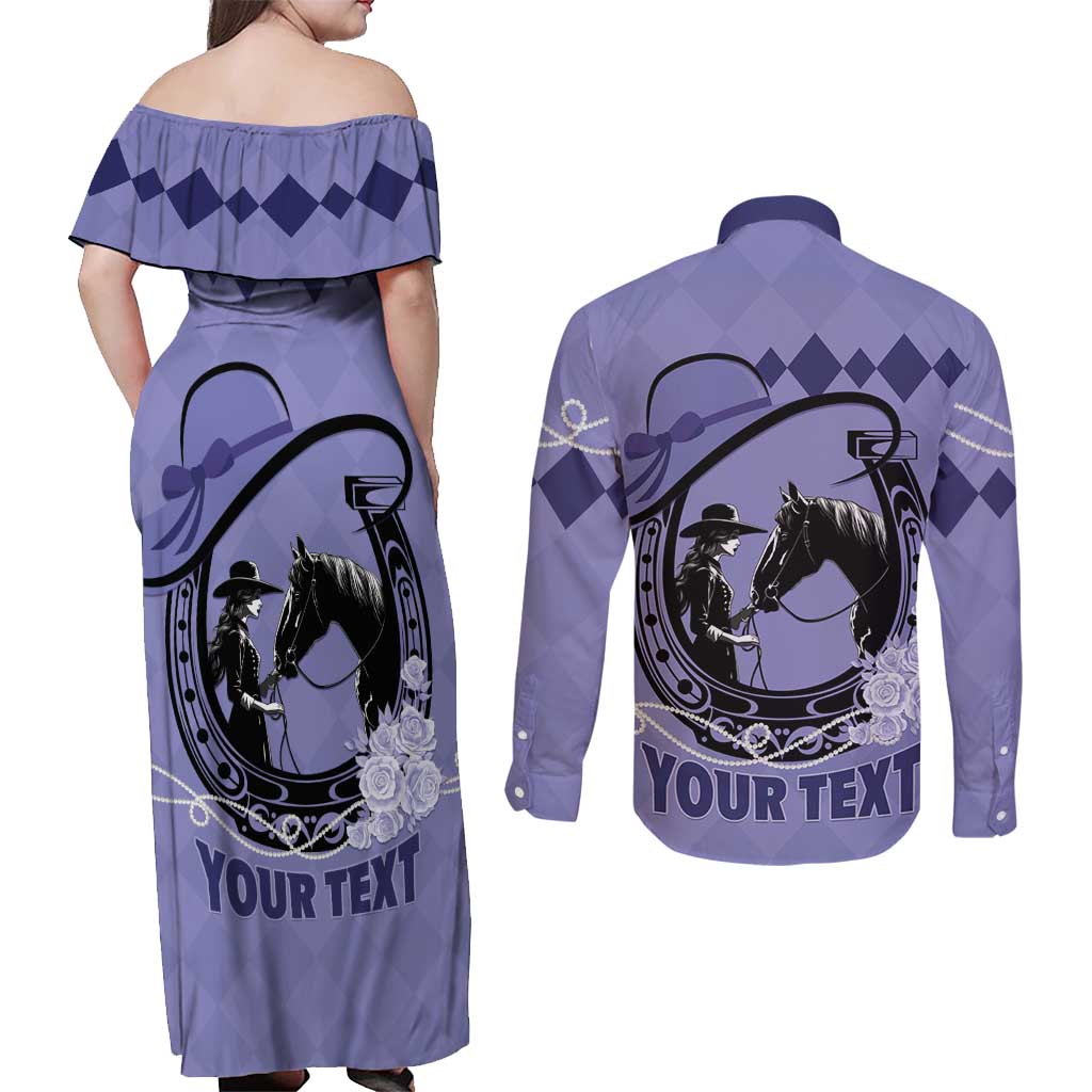 Personalized Kentucky Horse Racing Couples Matching Off Shoulder Maxi Dress and Long Sleeve Button Shirt Beauty and The Horse Purple Version LT01