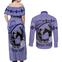 Personalized Kentucky Horse Racing Couples Matching Off Shoulder Maxi Dress and Long Sleeve Button Shirt Beauty and The Horse Purple Version LT01