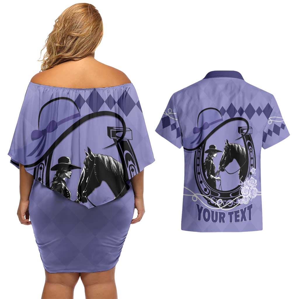 Personalized Kentucky Horse Racing Couples Matching Off Shoulder Short Dress and Hawaiian Shirt Beauty and The Horse Purple Version LT01