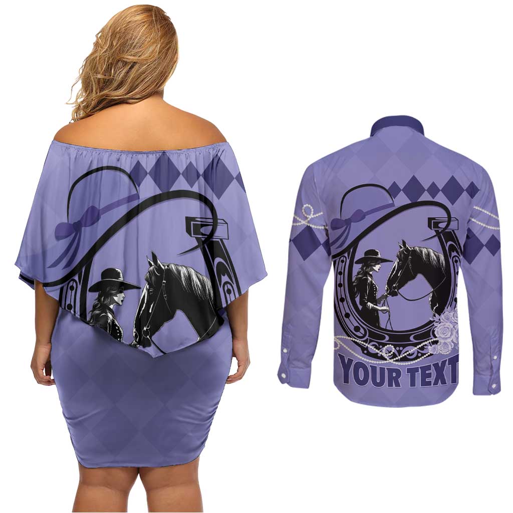 Personalized Kentucky Horse Racing Couples Matching Off Shoulder Short Dress and Long Sleeve Button Shirt Beauty and The Horse Purple Version LT01