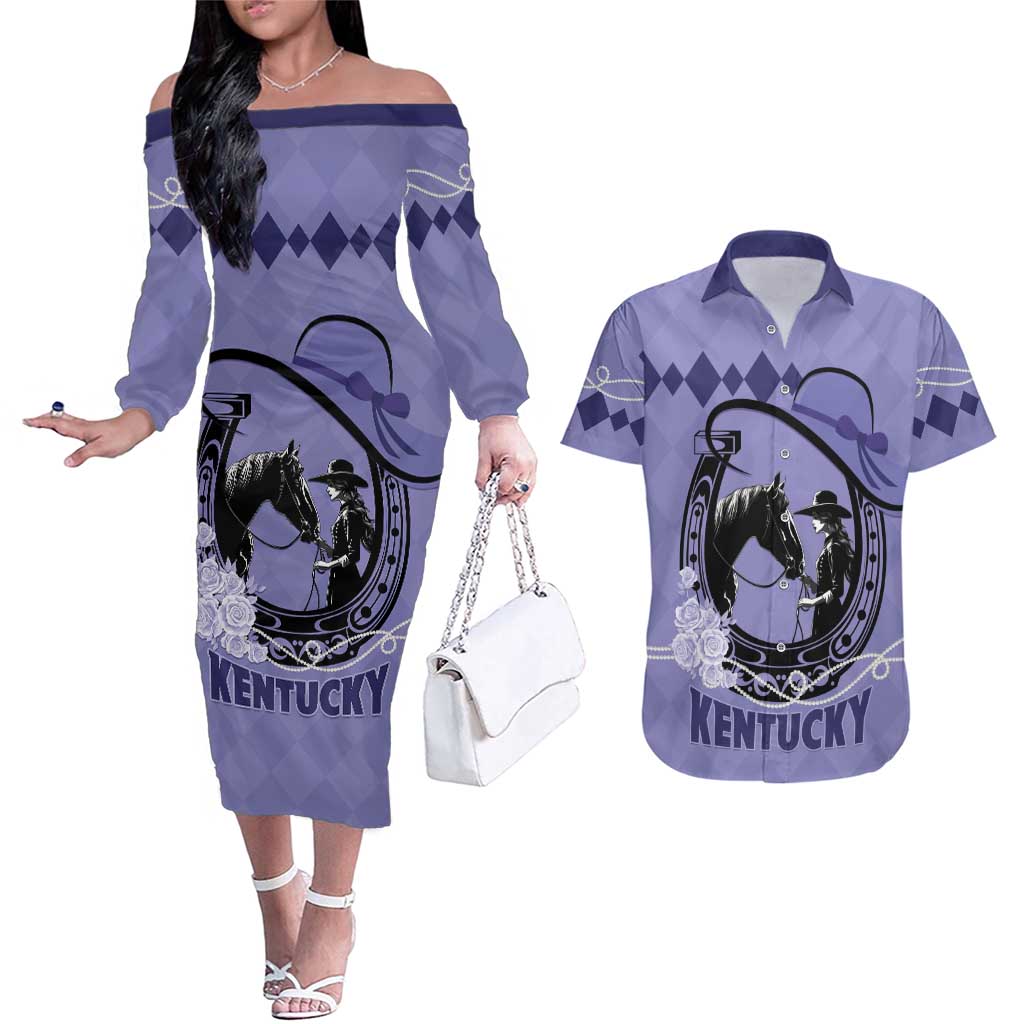 Personalized Kentucky Horse Racing Couples Matching Off The Shoulder Long Sleeve Dress and Hawaiian Shirt Beauty and The Horse Purple Version LT01