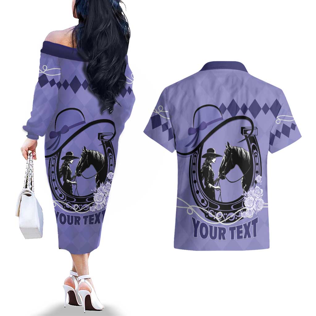 Personalized Kentucky Horse Racing Couples Matching Off The Shoulder Long Sleeve Dress and Hawaiian Shirt Beauty and The Horse Purple Version LT01