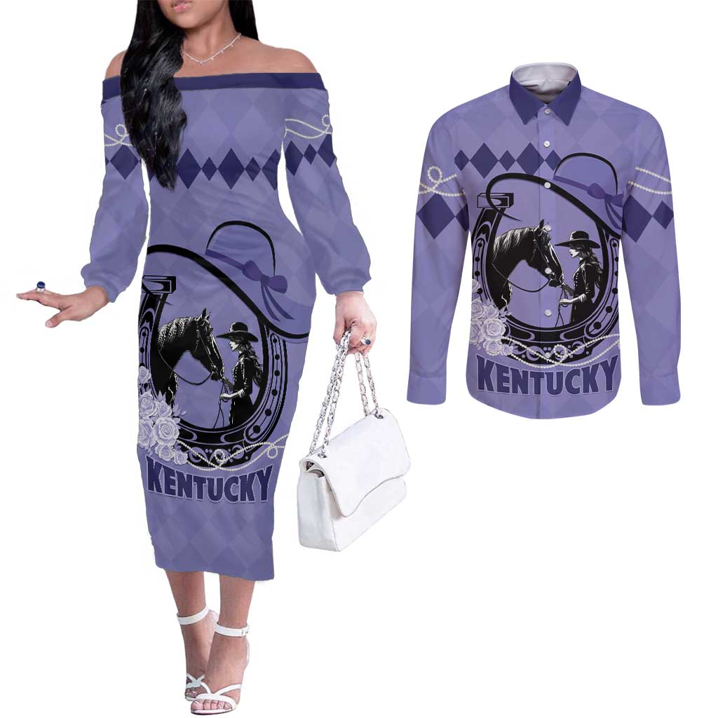 Personalized Kentucky Horse Racing Couples Matching Off The Shoulder Long Sleeve Dress and Long Sleeve Button Shirt Beauty and The Horse Purple Version LT01