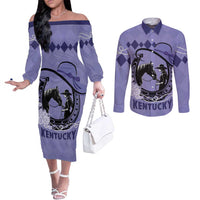 Personalized Kentucky Horse Racing Couples Matching Off The Shoulder Long Sleeve Dress and Long Sleeve Button Shirt Beauty and The Horse Purple Version LT01
