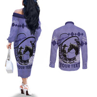 Personalized Kentucky Horse Racing Couples Matching Off The Shoulder Long Sleeve Dress and Long Sleeve Button Shirt Beauty and The Horse Purple Version LT01