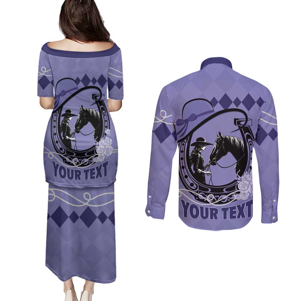 Personalized Kentucky Horse Racing Couples Matching Puletasi and Long Sleeve Button Shirt Beauty and The Horse Purple Version LT01