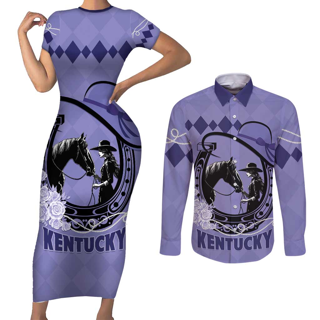 Personalized Kentucky Horse Racing Couples Matching Short Sleeve Bodycon Dress and Long Sleeve Button Shirt Beauty and The Horse Purple Version LT01