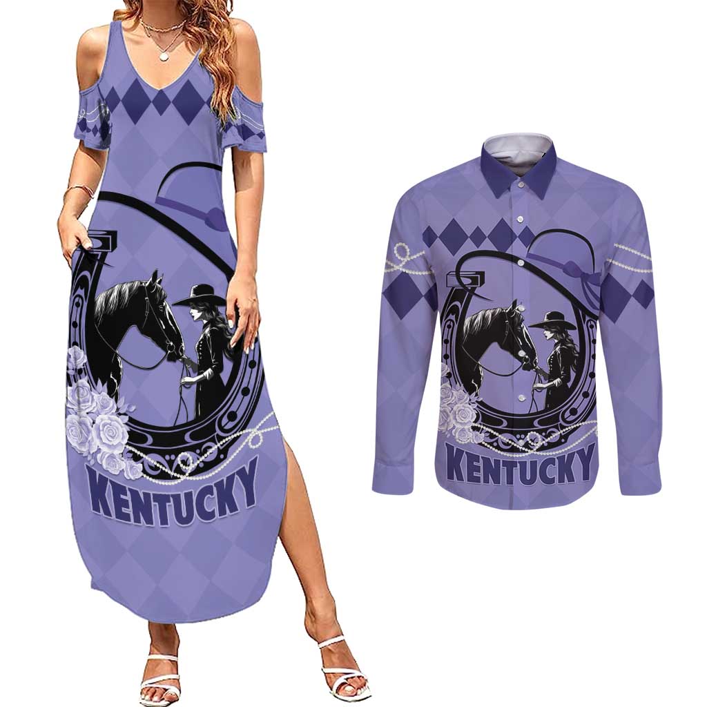 Personalized Kentucky Horse Racing Couples Matching Summer Maxi Dress and Long Sleeve Button Shirt Beauty and The Horse Purple Version LT01