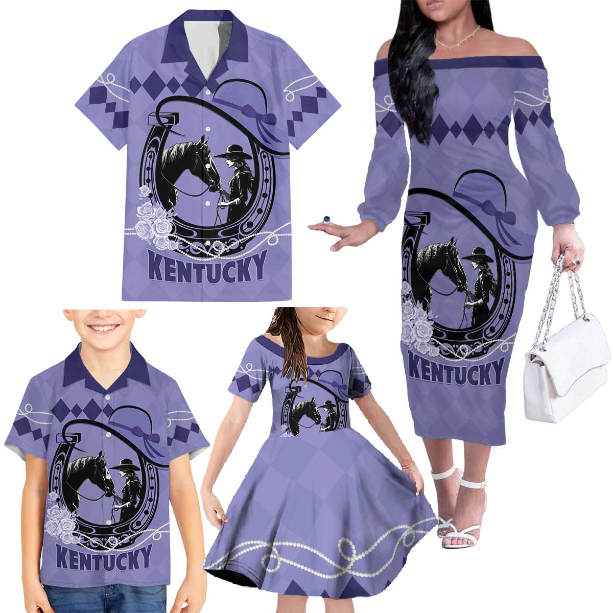 Personalized Kentucky Horse Racing Family Matching Off The Shoulder Long Sleeve Dress and Hawaiian Shirt Beauty and The Horse Purple Version LT01