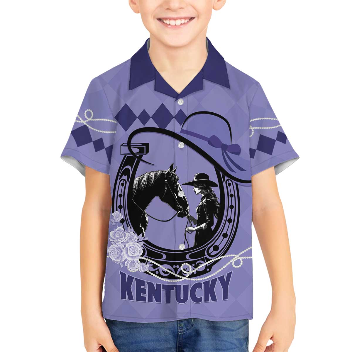 Personalized Kentucky Horse Racing Family Matching Off The Shoulder Long Sleeve Dress and Hawaiian Shirt Beauty and The Horse Purple Version LT01