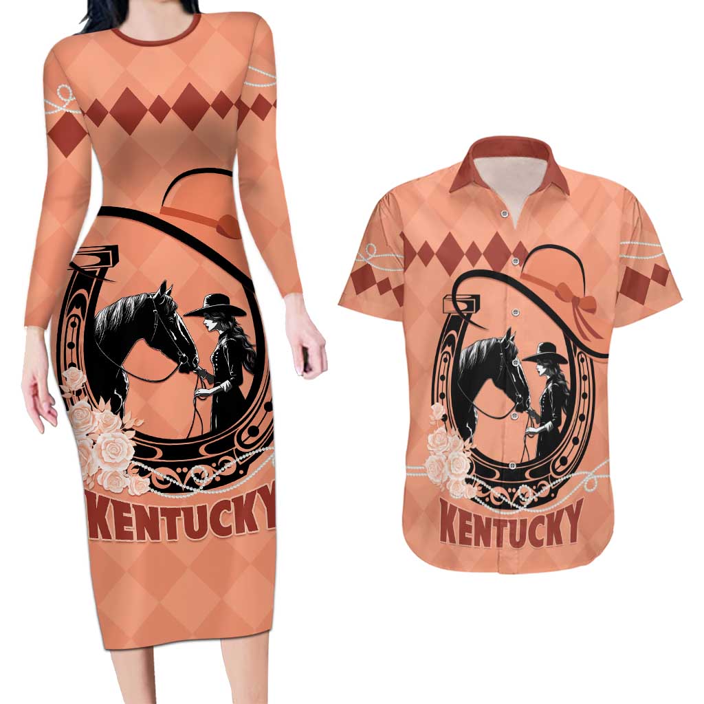 Personalized Kentucky Horse Racing Couples Matching Long Sleeve Bodycon Dress and Hawaiian Shirt Beauty and The Horse Orange Version LT01
